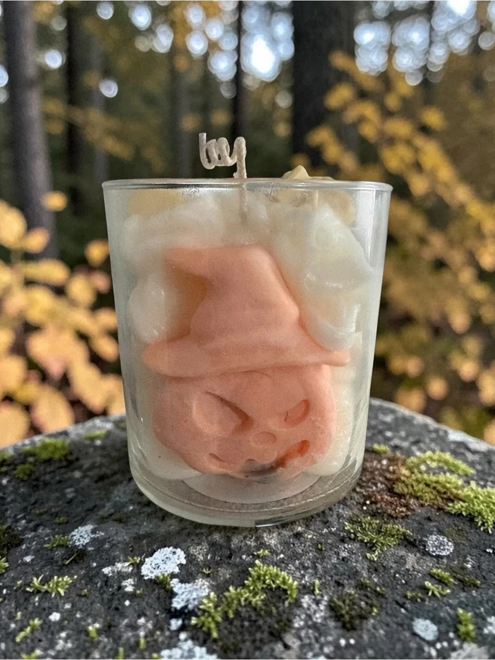 Autumn ambrette apricot soy wax 16 oz candle with witch pumpkin accent